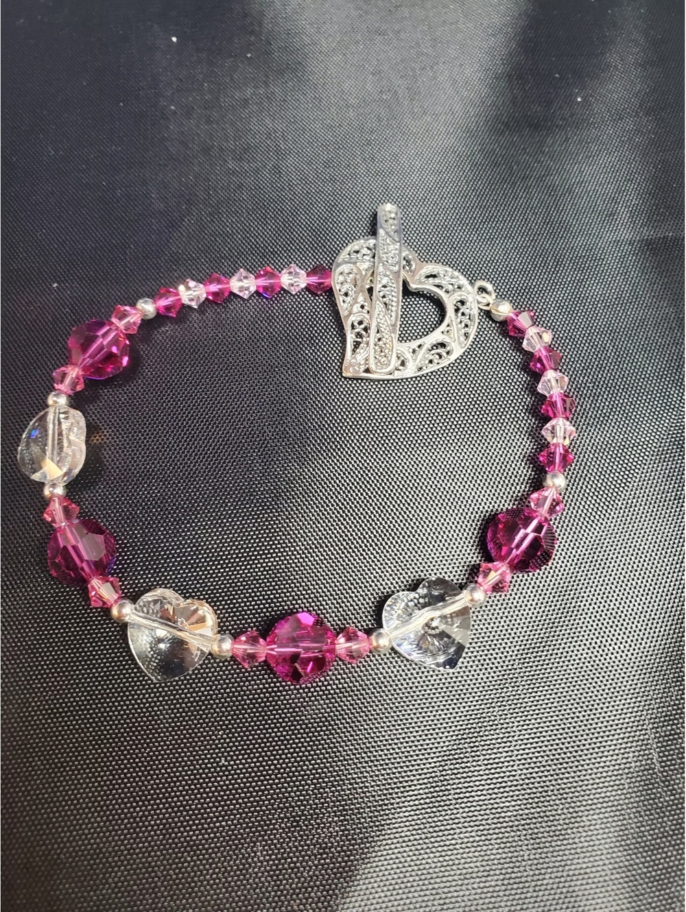 Fuchsia Swarovski Crystal Heart Bracelet Sterling Silver Toggle Clasp 7.5 in